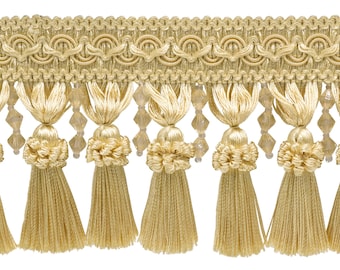 DÉCOPRO 4" (10cm) Beaded Tassel Fringe with Gimp Header | Fringe Trim # BTFCT4, White #14 Sold By The Yard (36"/3 ft/0.9m)