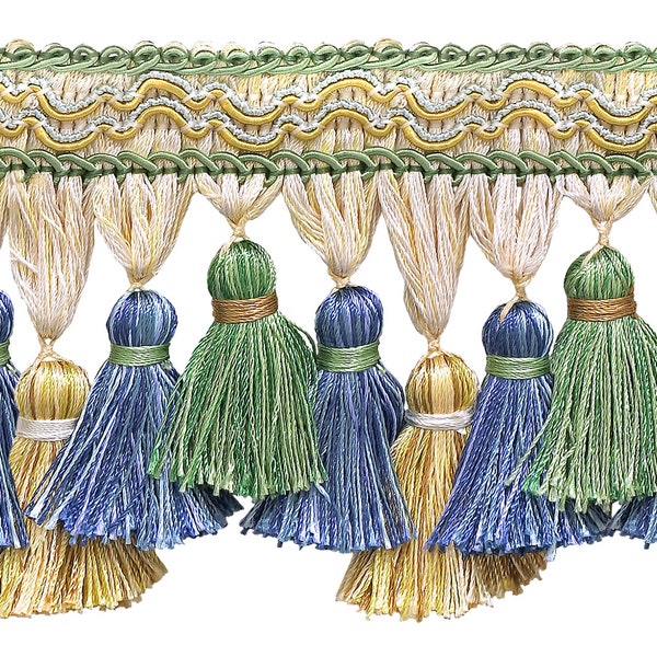 3 3/4" (9.5cm) long Scroll Gimp with Soft Sheen Tiered Tassel Fringe Trim #4668 Sold By The Yard (36"/3 ft/0.9m)