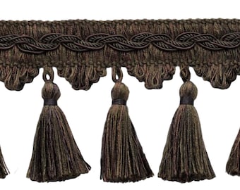 3 1/2" (8.5cm) Elegant Scalloped Tassel Fringe Trim # VTF035, Umber Brown #VNT27 (Dark Brown) Sold By The Yard (36"/3 ft/0.9m)