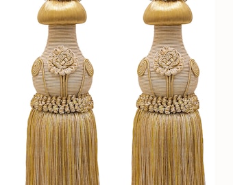 DÉCOPRO Tassel Tieback, Tassel Length 12" (30.5cm), Spread 32" (81cm) # TBBL1, Gold Medley #8633 (Two-Tone Gold, Beige) Set of 2