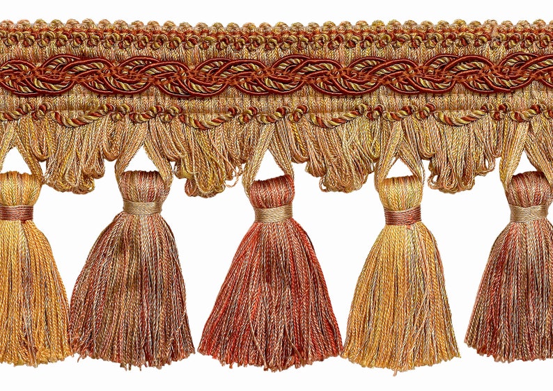 4" (10cm) long Scroll Header and Scalloped Tassel Fringe Trim #6122R (Brown Red, Yellow Gold, Rust Orange) Sold By The Yard (36"/3 ft/0.9m) image 1