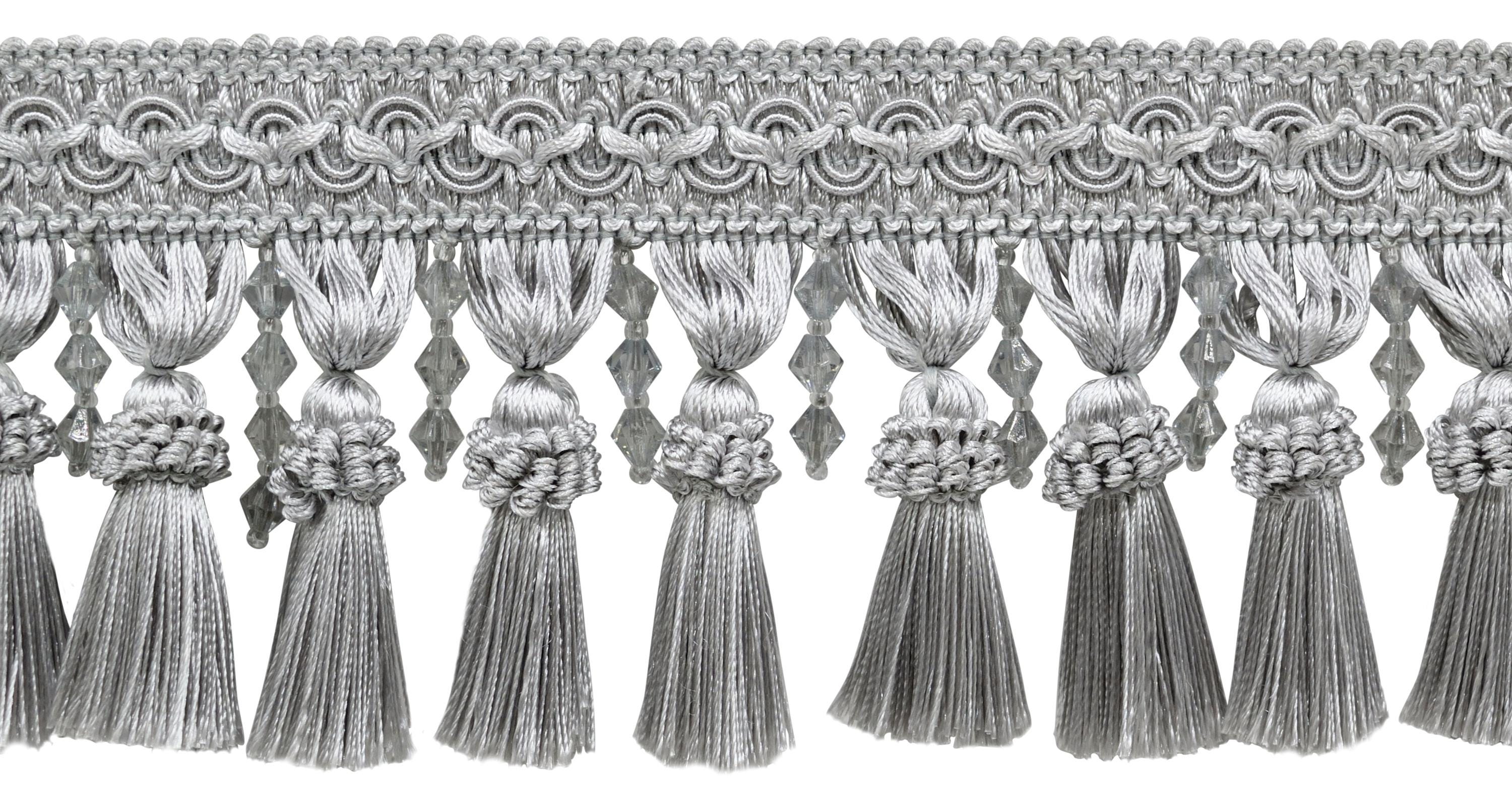 DÉCOPRO Fransenborte Mit Perlen & Quasten - Cool Grey Hellgrau, Pro Yard (91.4 Cm)