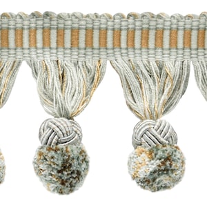 3&quot; long (7.5cm) Pompom Tassel Fringe Trim, Woven Gimp header (PPFRW) #VL05 (Light Blue, Sand Beige, Baby Blue) Sold By The Yard,36&quot;/3ft/0.9m