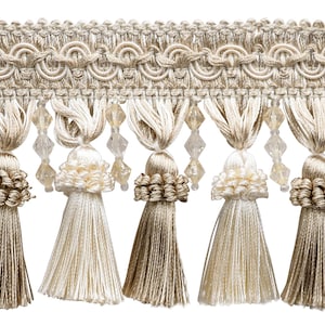 DÉCOPRO 4" (10cm) Beaded Tassel Fringe with Gimp Header | Fringe Trim # BTFCT4 White Sands Ivory #P58 Sold By The Yard (36"/3 ft/0.9m)