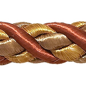 May include: Close-up of a decorative rope with a braided design. The rope features alternating sections of gold, tan, and rust-coloured threads, creating a textured and visually appealing pattern. Suitable for various craft projects.