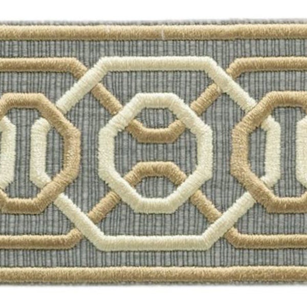 2 1/4" (5.5cm) Beautifully Embroidered Woven Tape Trim with unique geometric design | Woven Border Grey #T03D 6 Yard Roll