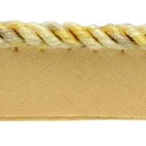 Può includere: Un bordo decorativo con un motivo a corda intrecciata nei toni crema e oro. La corda è attaccata a una base di tessuto piatto, color beige chiaro. Adatto a vari progetti di artigianato e design.