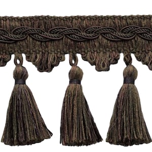 3 1/2&quot; (8.5cm) Veranda Collection Elegant Scalloped Tassel Fringe Trim # VTF035, Umber Brown #VNT27 (Dark Brown) 18 Yards (54 ft/16.5m)
