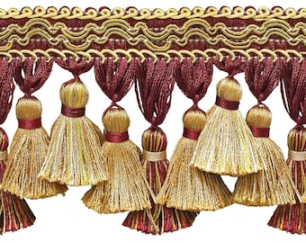 DÉCOPRO 3 3/4" Long Tassel Fringe Trim # TFI2, Burgundy Gold #1253 (Carmine Red, Yellow Gold, Dark Red) Sold By The Yard (36"/3 ft/0.9m)