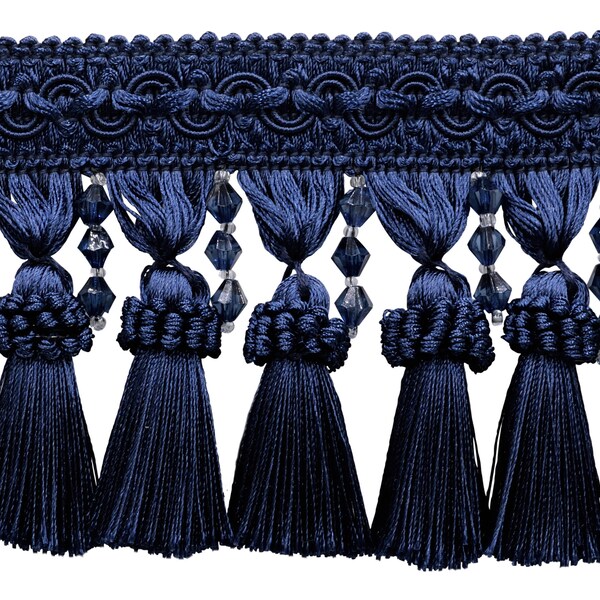 4" (10cm) Beaded Tassel Fringe with Gimp Header | Fringe Trim # BTFCT4, Dark Navy Blue #J3 (Dark Blue) Sold By The Yard (36"/3 ft/0.9m)