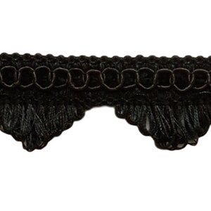 May include: Black decorative trim with a scalloped edge and looped top. The trim features a fringe along the bottom edge. This trim is suitable for various sewing and craft projects.