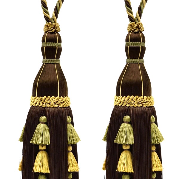 Pair of Large Elegant Gold, Olive Green, Mocha Brown Curtain& Drapery Tassel Tieback/13 Inch tassel, 35 Inch Spread,TBAR13 Color Balsam AR04