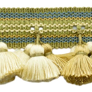 2.5 Inch Dark Olive Green, French Blue Tassel Fringe Trim / Basic Trim Collection / Style# TFAR025 / Color: Willow - AR03, Sold By the Yard