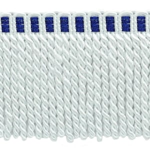 May include: White twisted fringe trim with a blue and white top border.