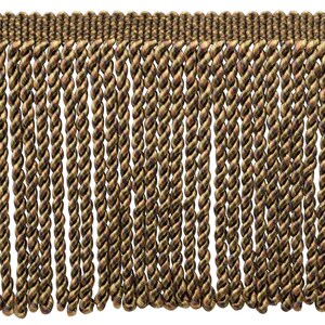 May include: A close-up of a brown and gold twisted fringe trim. The fringe is made of a soft, woven fabric and has a subtle sheen.