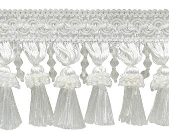 DÉCOPRO 4" Elegant Beaded Tassel Fringe with Fancy Gimp Header | Fringe Trim # BTFCT4, Pure White #A1 (Bright White) 27 Yards (82 ft/25m)