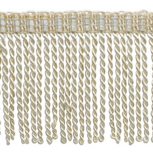 May include: A close-up of a white, twisted fringe trim. The fringe is made of a soft, silky material and has a subtle sheen.