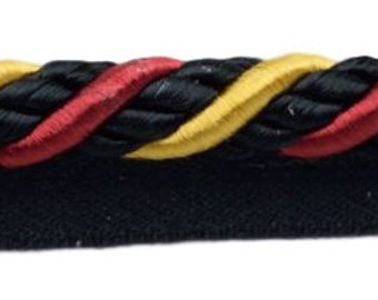 3/8" (1cm) Twisted Woven Cord  with Lip, Golden Raven Black Multicolor #LX10 (Pure Black, Yellow Gold, Cherry Red) 12 Yards (36 ft/11m)