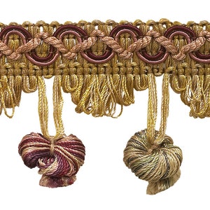 May include: Gold and burgundy tassel trim with a woven design and fringe. The tassels are made of a combination of gold and burgundy threads.
