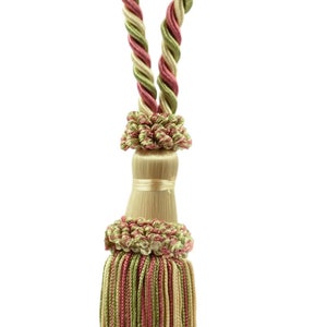 May include: Decorative tassel with a twisted cord in shades of green, pink, and beige. The tassel features a knotted top and a long, fringed bottom. Ideal for home decor.