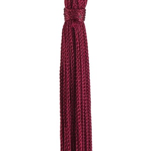 May include: A deep burgundy tassel with a knotted top. The tassel is made of a soft, silky material and is approximately 10 inches long.