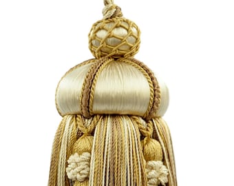 DÉCOPRO 4" (10cm) Key Tassel, 3 1/2" (8.5cm) Loop, accented with Crown Tassels # KTAX4 Almond Beige #LX01 Set of 10