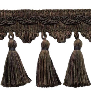 3 1/2&quot; (8.5cm) Veranda Collection Elegant Scalloped Tassel Fringe Trim # VTF035, Umber Brown #VNT27 (Dark Brown) 5 Yards (15 ft/4.5m)