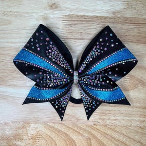 Black and aqua rhinestone cheer bow, competition bow, team bows, allstar cheer, school cheer, custom bow