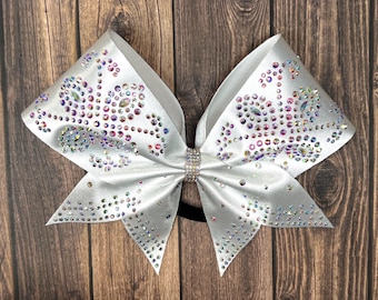 White Satin Rhinestone Cheer Bow: Marquis Stones, Team Competition