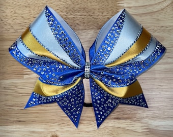 Rhinestone Cheer Bow: Royal Blue, Yellow & White Competition Bow