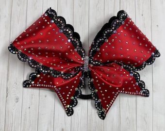 Scallop cheer bow, Rhinestone bow,  cheer bow: Red satin cheer bow, competition bows