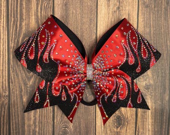 Rhinestone flame cheer bow: red cheer bow, rhinestone bow, competition bows