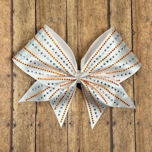 Rhinestone Cheer Bow: White Satin, Orange & Clear Crystals