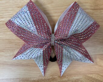 Rhinestone Cheer Bow: White & Rose Gold Glitter, Competition Allstar Bow
