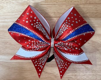 Red White and Blue Rhinestone Cheer Bow: Competition Team Hair Bow