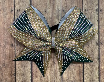 Rhinestone Cheer Bow: Forest Green & Vegas Gold Glitter