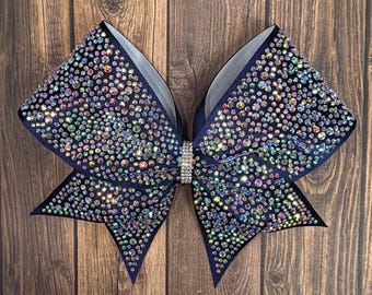 Lazo de satén azul marino con diamantes de imitación para animadoras: Lazo para el cabello del equipo de competencia