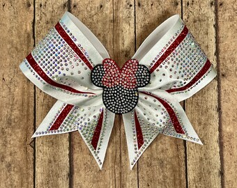 Rhinestone Cheer Bow: White Satin, Red Glitter Accents