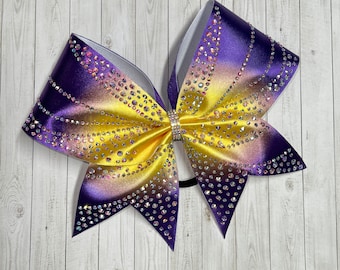 Lazo de animadora con diamantes de imitación: lazo de competición morado y amarillo ombré