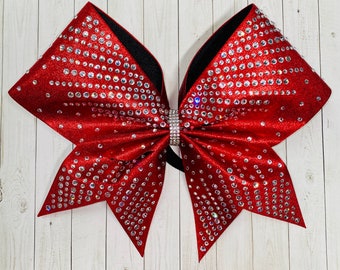 Lazo de animadora con diamantes de imitación rojos: Lazo para el cabello del equipo de competencia