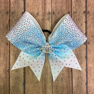Light Blue Ombré Rhinestone Cheer Bow: Glitter Tiara, Competition Team Bow