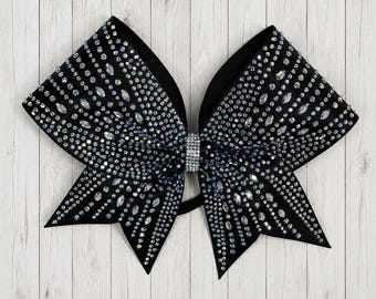 Black Satin Rhinestone Cheer Bow with specialty stones: Competition Team Hair Bow
