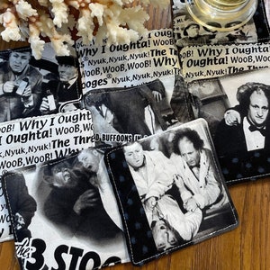 The Three Stooges &quot;In the Movies&quot; Mug Rugs - Fabric Coasters - with Loveable Moe, Larry and Curly - Reversible and Washable