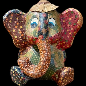 Vintage Folksy Paper Mache Elephant Piggy Bank - Unique Home Decor