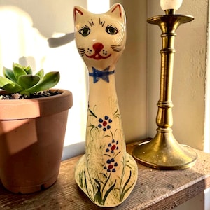 Vintage Knossos Cyprus Handmade Ceramic Cat Figurine Folk Art Pottery Kitty Decor