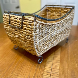 Vintage Woven Basket with Metal Frame & Legs: Decorative Storage