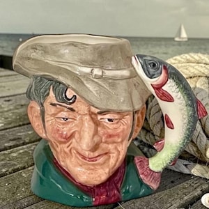 Royal Doulton "The Poacher" Toby Jug D6429 Fisherman Fish Handle Vintage England Mug