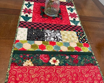 Handmade Quilted Christmas Table Runner: Poinsettia & Holiday Messages (48.5" x 19")