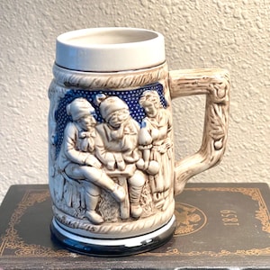 Vintage German Ceramic Beer Stein: Embossed Scene, 12 oz