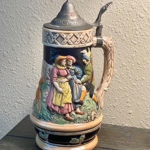 Rustic German Beer Mug - Antique Ceramic Stein with Lid